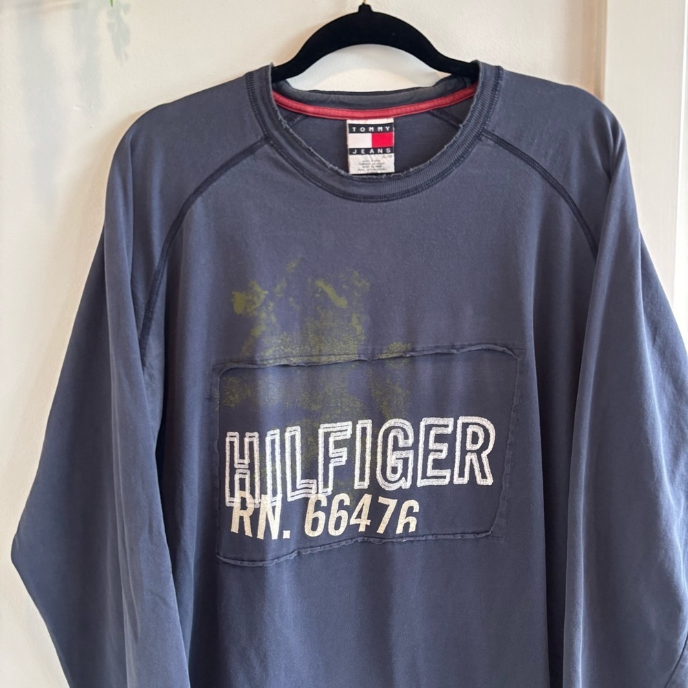 Tommy Hilfiger Tommy Jeans Vintage Mens Long Sleeve Navy Blue 90's Distressed XL - Picture 2 of 9